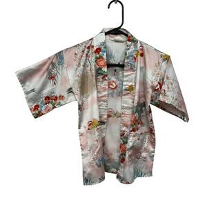 Vintage Satin Kimono Jacket Ichiban Japan Floral Bird Print Size M Flawed